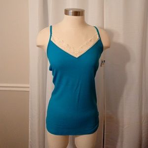 NWT. Y2K Blue lace trim v-neck tank top Size Large